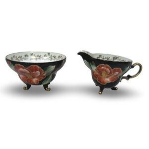 TRIMONT CHINA JAPAN Sugar Bowl Creamer Set Black Floral Gold Trim Footed